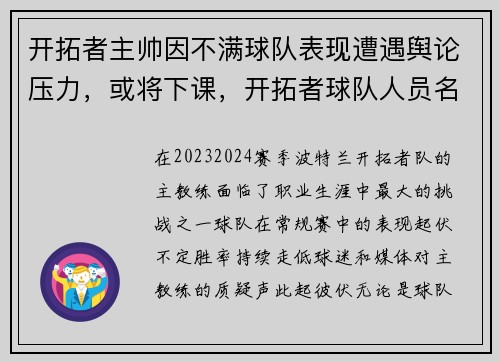 开拓者主帅因不满球队表现遭遇舆论压力，或将下课，开拓者球队人员名单