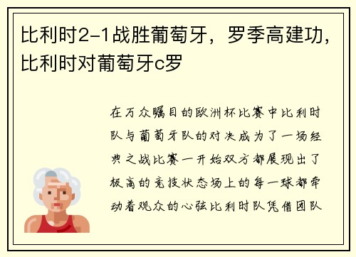 比利时2-1战胜葡萄牙，罗季高建功，比利时对葡萄牙c罗