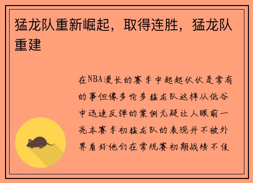 猛龙队重新崛起，取得连胜，猛龙队重建