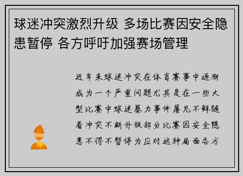 球迷冲突激烈升级 多场比赛因安全隐患暂停 各方呼吁加强赛场管理 球迷冲突激烈升级 多场比赛因安全隐患暂停 各方呼吁加强赛场管理